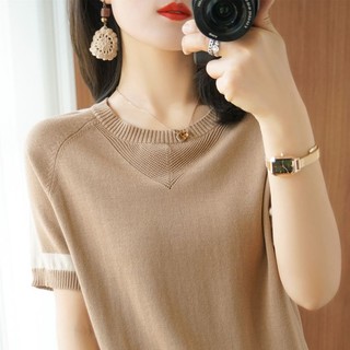 Mùa Hè Thu Quần Áo Nữ Băng Lụa Cổ Tròn Khâu Dệt Kim Đáy Quần Áo Nữ Tay Ngắn Phiên Bản Hàn Quốc Màu Sắc Tương Phản Rời Ôm Hơn Áo Thun Quần Áo Nữ