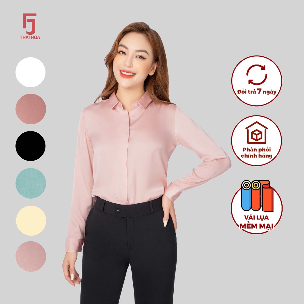 Áo sơ mi R09 dài tay nữ vải lụa trơn form suông các màu thời trang công sở Thái Hòa