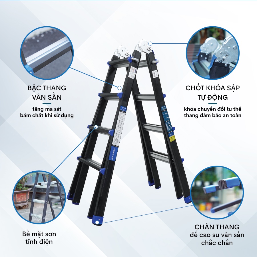 Thang Nhôm Gấp Và Rút Đa Năng 4 Đoạn 4,4m ADVINDEQ AML44, linh hoạt 5 tư thế, khóa sập tự động an toàn, tải trọng 150kg