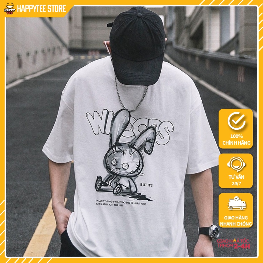 Áo Thun Nam Form Rộng HappyTee - Mẫu Graphic Thỏ WIOOPS Trẻ Trung Chất Vải Cotton 100 - 2 Màu Đen Trắng