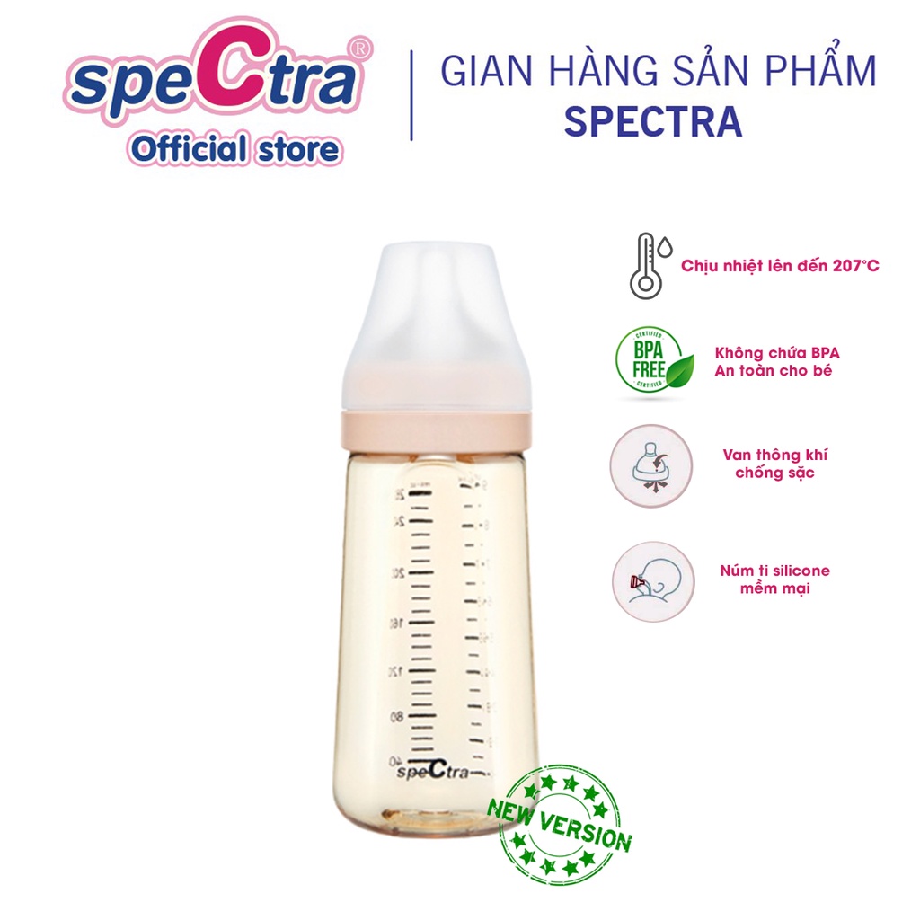 Ảnh Bình sữa PPSU cổ rộng Spectra 260ml kèm núm ti size M/L/XL (Xanh đậm/ Vàng) 1