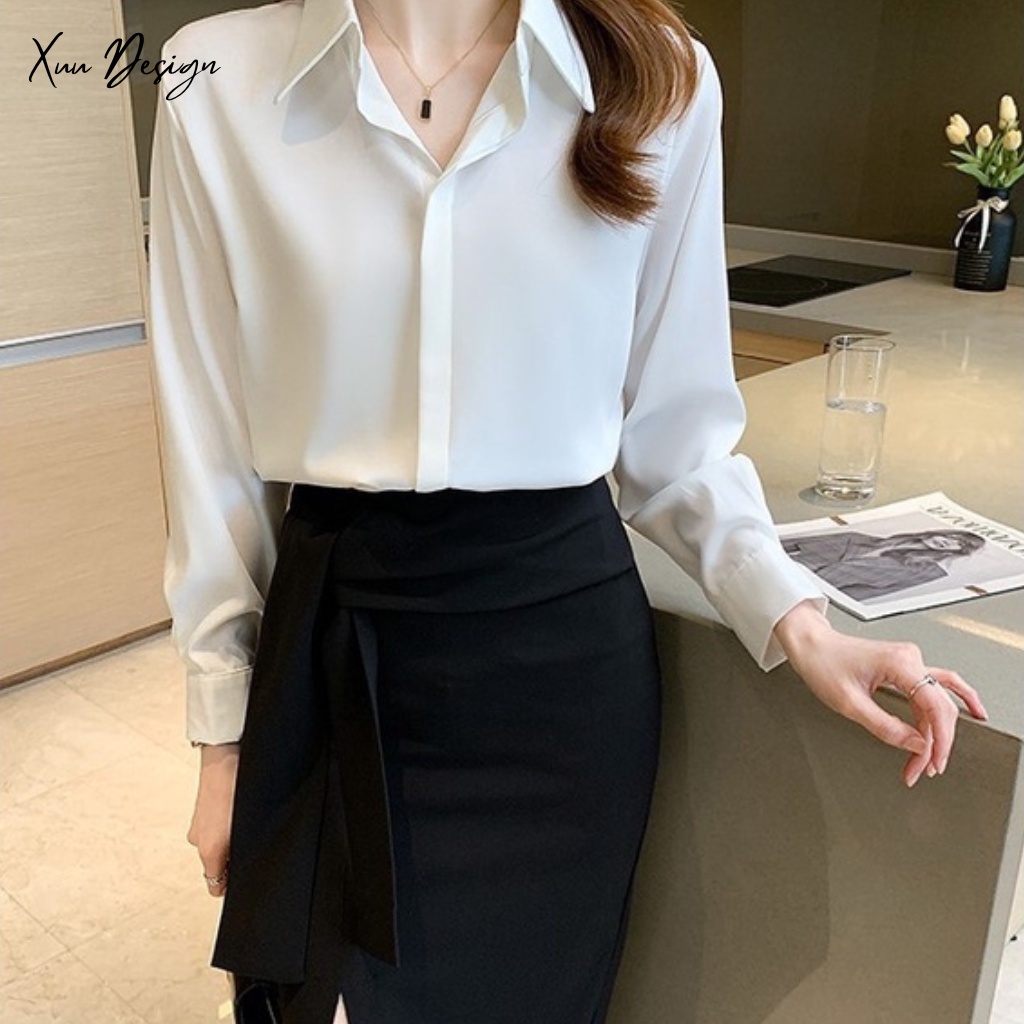 Áo sơ mi nữ thiết kế công sở Hàn quốc chất vải Lụa Hàn mềm mịn Xuu-SM01SP | BigBuy360 - bigbuy360.vn