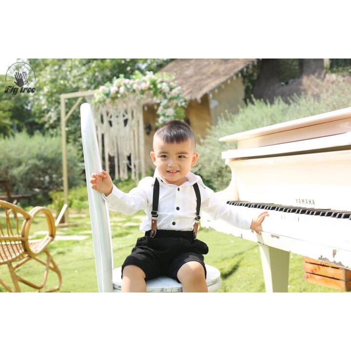 Áo Sơ Mi Bé Thương Hiệu Fig Tree Màu Trắng Viền Cổ Màu Đen Siêu Cute Đi Tiệc, Size 8-37kg, Chất Mềm