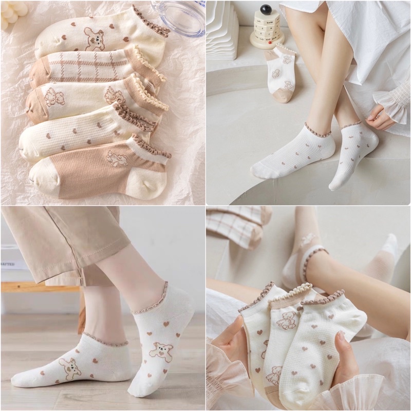 Set 5 Đôi Tất Anor cổ ngắn nữ, vớ nữ chất vải cotton co giãn bốn chiều Hot Hit 2023