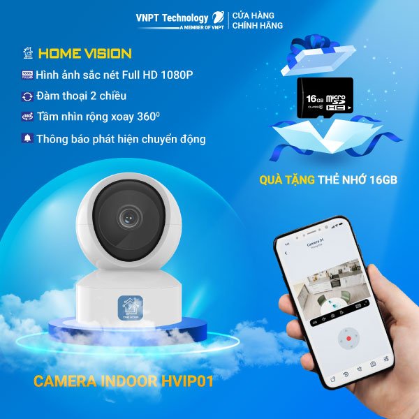 Camera IP Wifi VNPT Technology ONE HOME HVIP01 xoay 360 quan sát rõ ngày và đêm kèm thẻ 16Gb hàng Việt Nam