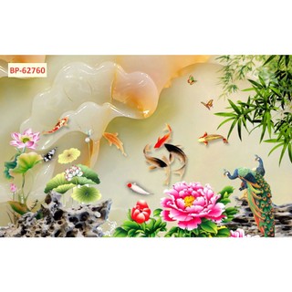 Tranh 3D cá chép trong hồ sen nhiều màu sắc
