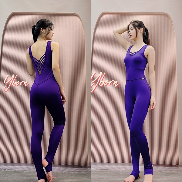 Bộ tập yoga jumpsuit Yborn đan dây màu tím có đạp gót, thun siêu co ...