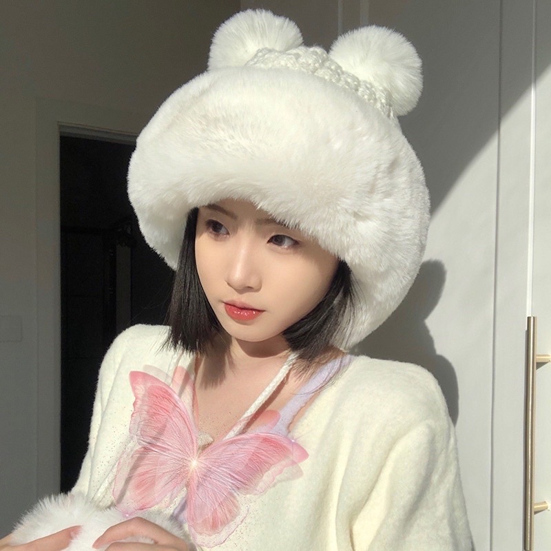 Mũ Lông Hai Tai Chóp Bông Mẫu Mới