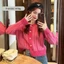 Áo len nữ cardigan len dệt kim dày dáng ngắn sọc caro màu hồng thời trang hàng Quảng Châu cao cấp fizano