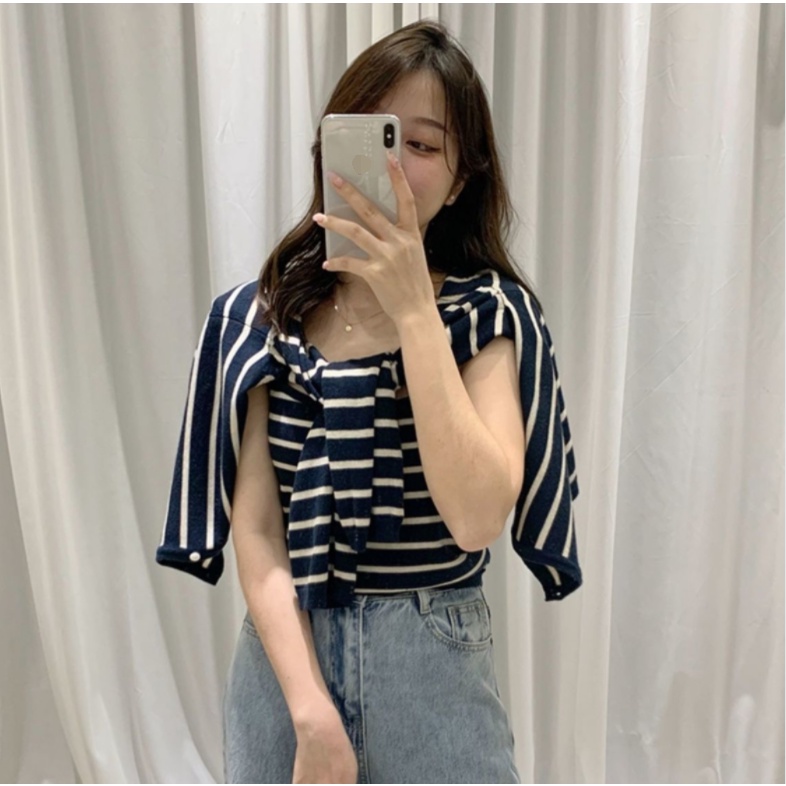SUXI Áo len dệt kim sọc mỏng vừa vặn Áo hai mảnh phù hợp cho nữ