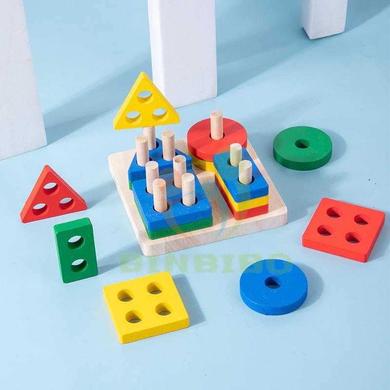Thả hình khối 4 cọc bằng gỗ đồ chơi Montessori phát triển trí tuệ giúp bé phân biệt hình khối và màu sắc