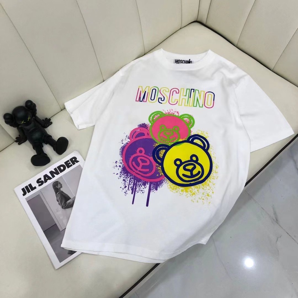 MOSCHINO Cotton Nguyên Chất Gấu Cổ Tròn Áo Thun Nam Nữ Cặp Đôi Phong Cách Cổ Nhãn + Thẻ