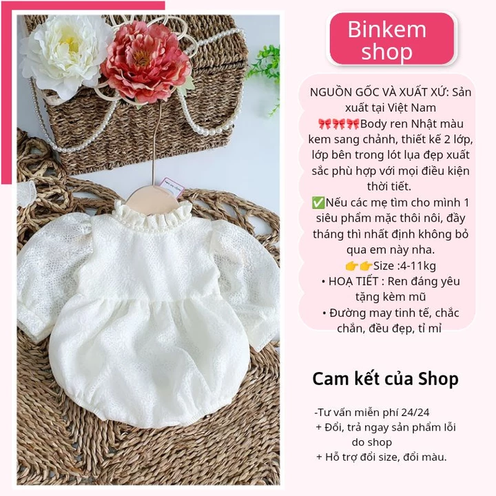 Váy Bé Gái Sơ Sinh BINKEMSHOP. Body Đầy Tháng Rèn Nhật Cho Bé Tặng Kèm Mũ. Bodysuit Cho Bé Sơ SInh 0 12 Tháng