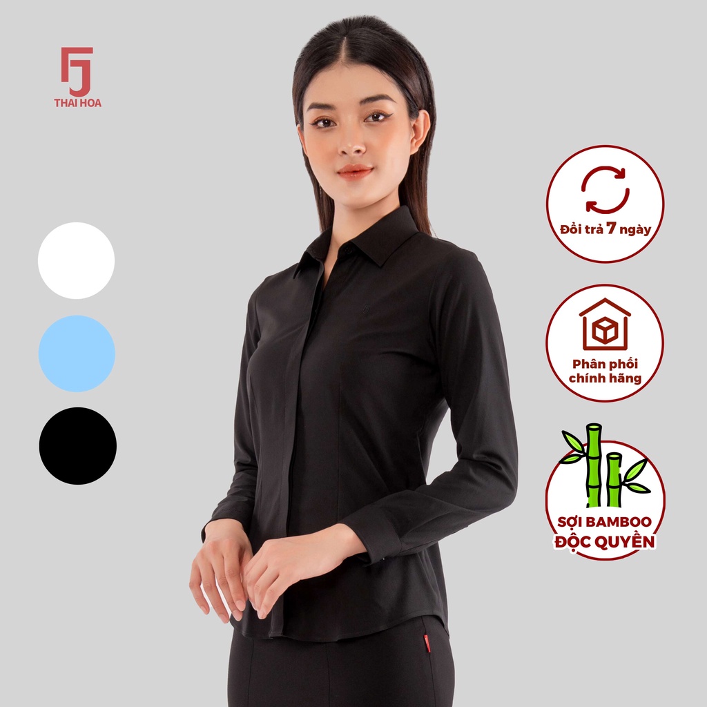 Áo sơ mi ASW0101-R07 dài tay nữ chất liệu sợi tre vải kẻ xéo phay cao cấp nhiều màu Thái Hòa