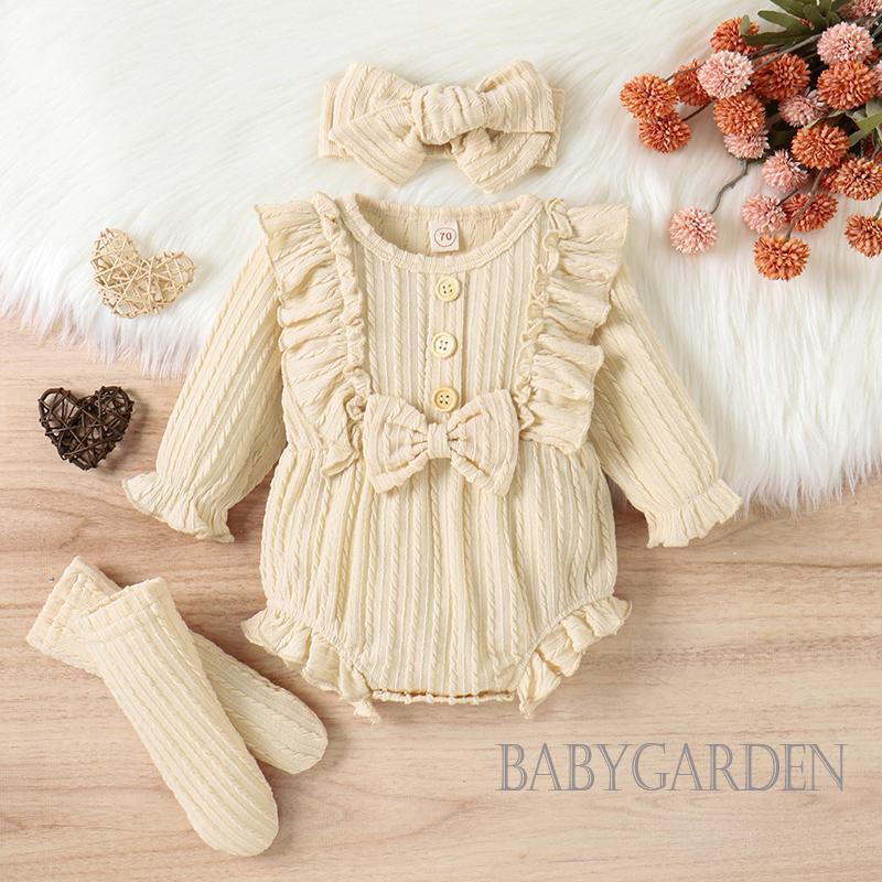 Bộ đồ 3 món gồm áo liền quần tay dài có diềm xếp nếp trước + tất + băng đô cho bé gái 0-12 tháng tuổi