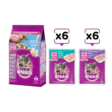 WHISKAS® thức ăn cho mèo con vị cá biển 1.1kg + pate vị cá ngừ mèo con 80g (6 gói) + pate vị cá thu mèo con 80g (6 gói)