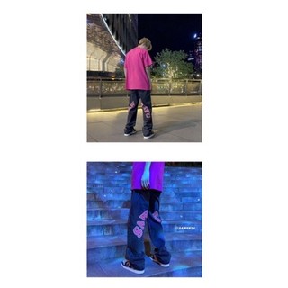 Quần Jeans Nam Nữ  Thêu Chữ Nổi Màu Xanh Và Xám-QJ026 Chất Bò From Rộng Dáng Suông Phong Cách Hàn Quốc