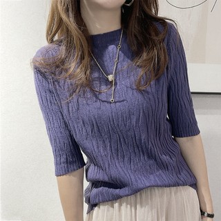 Mùa Xuân Thu Nữ Áo Len Giữa Tay Quần Áo Nữ Tay Ba Phần Tư Phiên Bản Ngắn Phiên Bản Hàn Quốc Nửa Cổ Cao Đáy Áo Sơ Mi Phù Hợp Với Nữ Top K