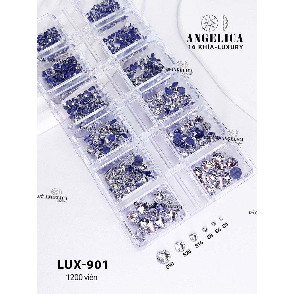 Khay đá nail Luxury chân lưới 16 khía đủ màu cao cấp mix size đá đính trang trí móng ANGELICA LUX