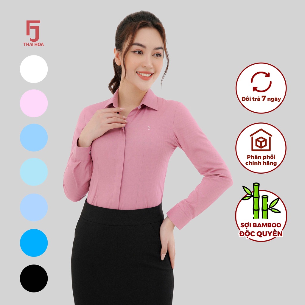 Áo sơ mi nữ dài tay R12 cổ đức form ôm vải sợi tre kẻ chìm nhiều màu Thái Hòa