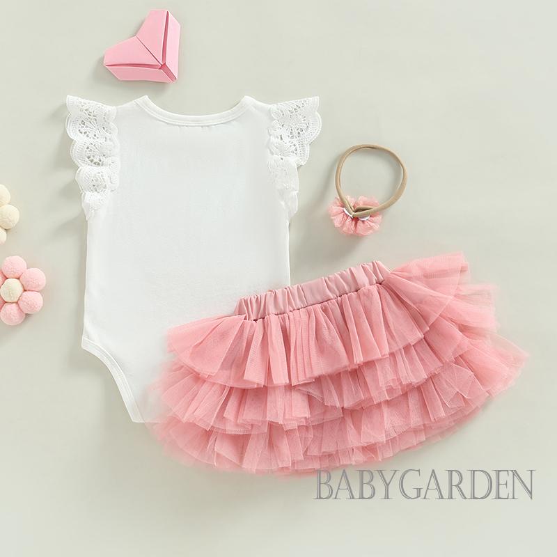 Bộ Áo Liền Quần Màu Trắng In Chữ Tay Bay + Chân Váy Tulle + Băng Đô Cài Tóc Thời Trang Mùa Hè Cho Bé Gái 3-12 Tháng Tuổi