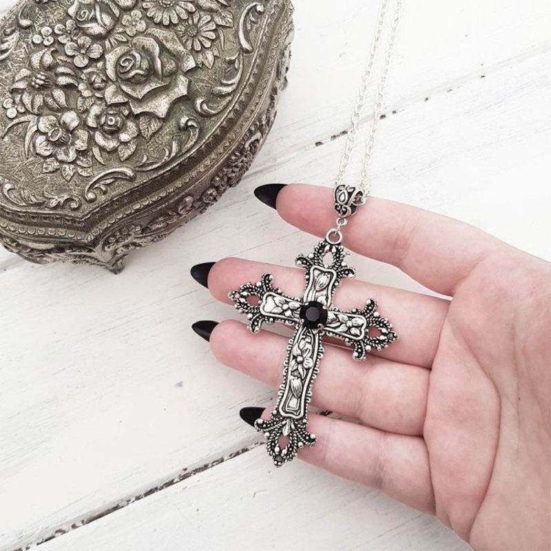 Dasbsug Vòng cổ mặt dây chuyền chéo cổ điển dành cho nữ Goth Phụ kiện chuỗi dài Gothic