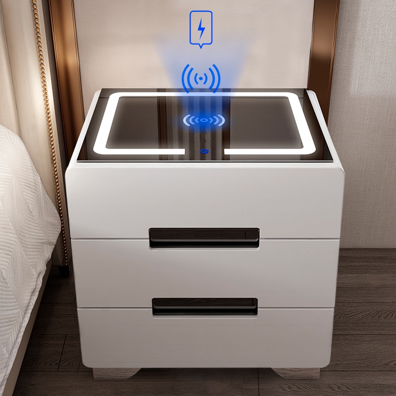Tab đầu Giường Thông Minh 3 ngăn,Kệ Tủ đầu giường có Sạc Không dây, đèn Led  3 màu,USB,khóa vân tay, loa bluetooth.. | Shopee Việt Nam