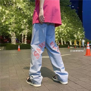 Quần Jeans Nam Nữ  Thêu Chữ Nổi Màu Xanh Và Xám-QJ026 Chất Bò From Rộng Dáng Suông Phong Cách Hàn Quốc