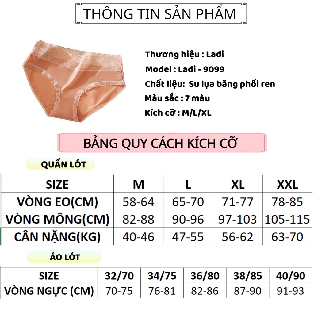 Quần Lót Nữ Su Lụa LADI Băng Siêu Mỏng Mát Phối Cạp Ren Tim 3 Size M/L/XL Mẫu 9099