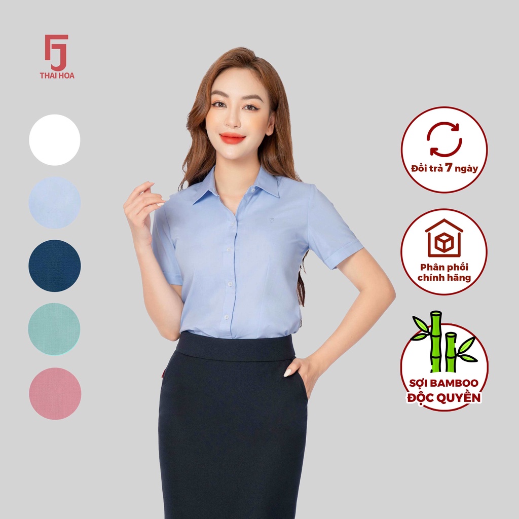 Áo sơ mi R11 nữ ngắn tay chất liệu sợi tre vải xước Thái Hòa công nghệ cổ Đức