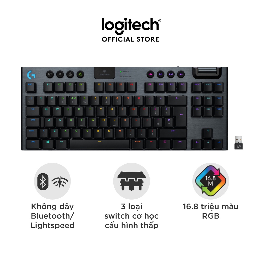 [Mã ELCL7 giảm 7% đơn 300K] Bàn phím cơ gaming không dây Logitech G913 TKL - Không phím số, Bluetooth/USB, RGB