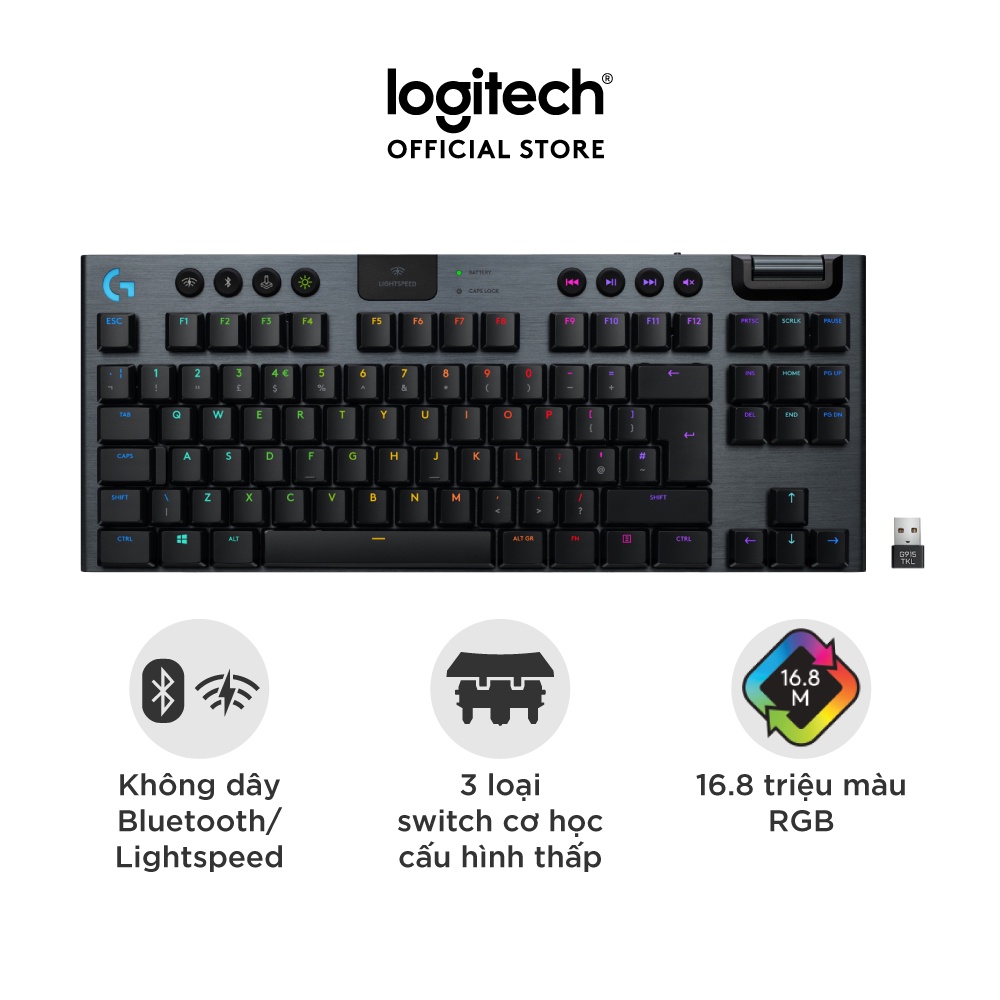Bàn phím cơ gaming không dây Logitech G913 TKL – Không phím số, Bluetooth/USB, RGB