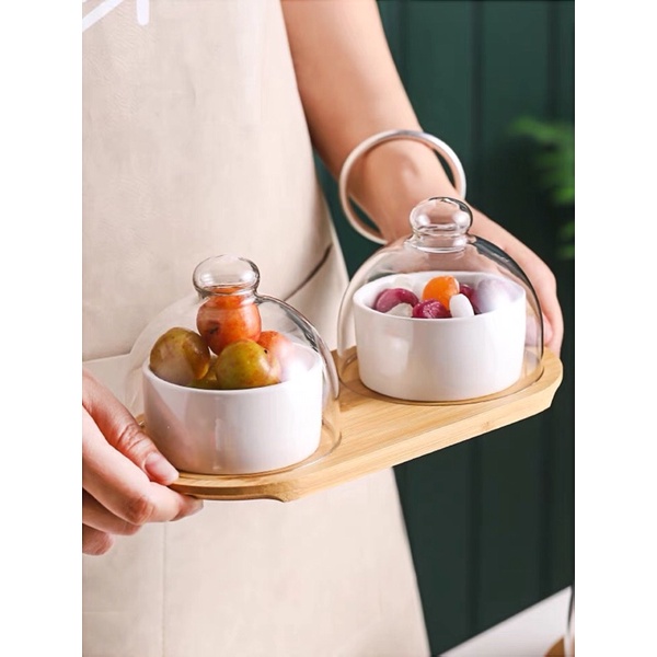 Bộ hũ đựng hoa quả sứ kèm khay tre decor trang trí đẹp