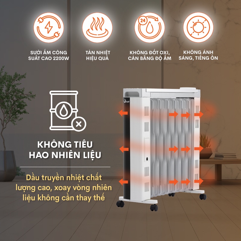 Máy Sưởi Dầu 13 Thanh Fujie OFR7913, công suất lớn làm ấm nhanh, tự động ngắt an toàn tiết kiệm điện năng