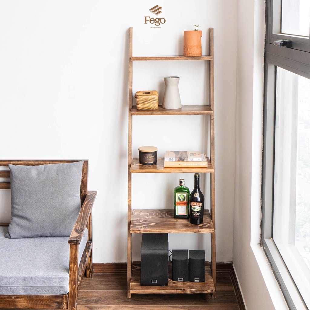 Ảnh Kệ thang FEGO 5 tầng để sách gỗ thông tự nhiên trang trí phòng khách, phòng làm việc 1