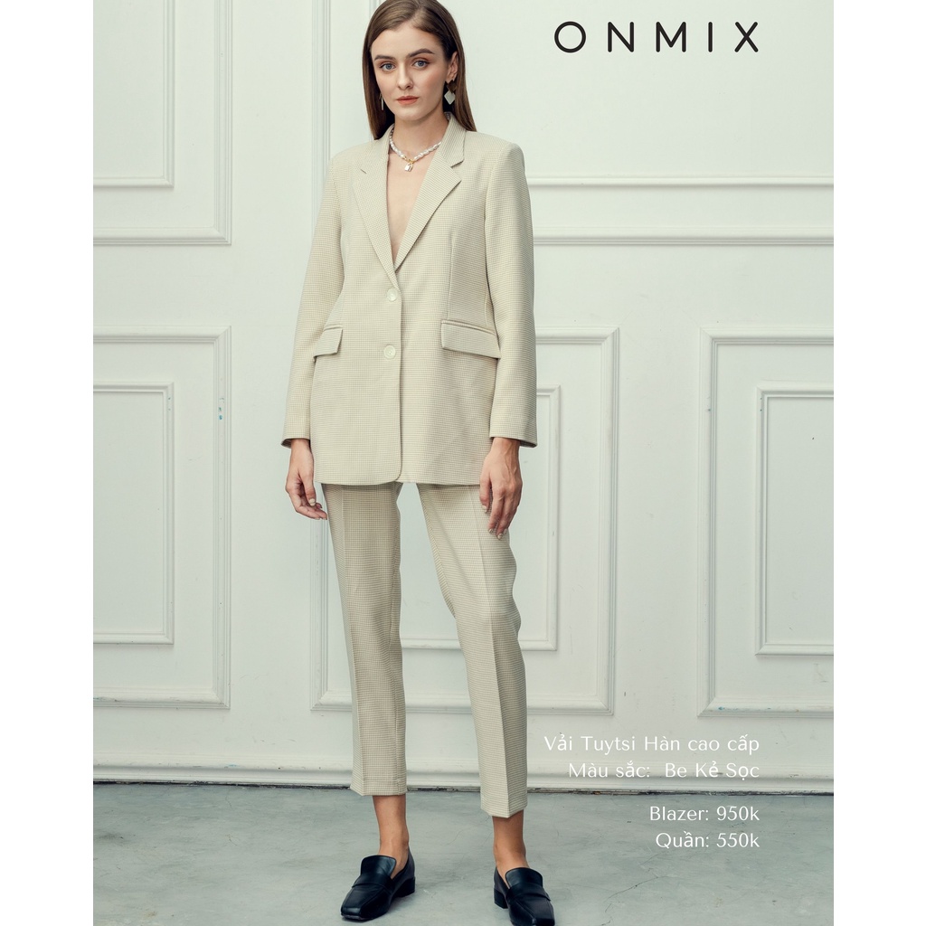 Set Suit 2 Khuy ONMIX (Blazer + Quần Ống Suông) - Kẻ Be -Vải Tuytsi Hàn