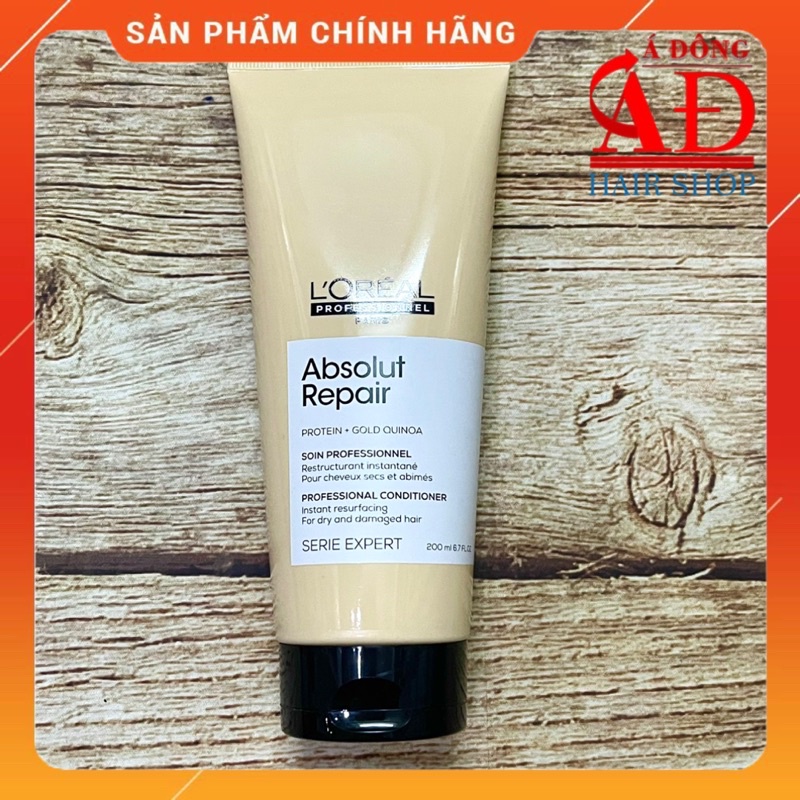 Dầu xả tóc phục hồi tóc hư tổn L'oreal Gold Quinoa + Protein Absolut Repair diêm mạch vàng 200ml