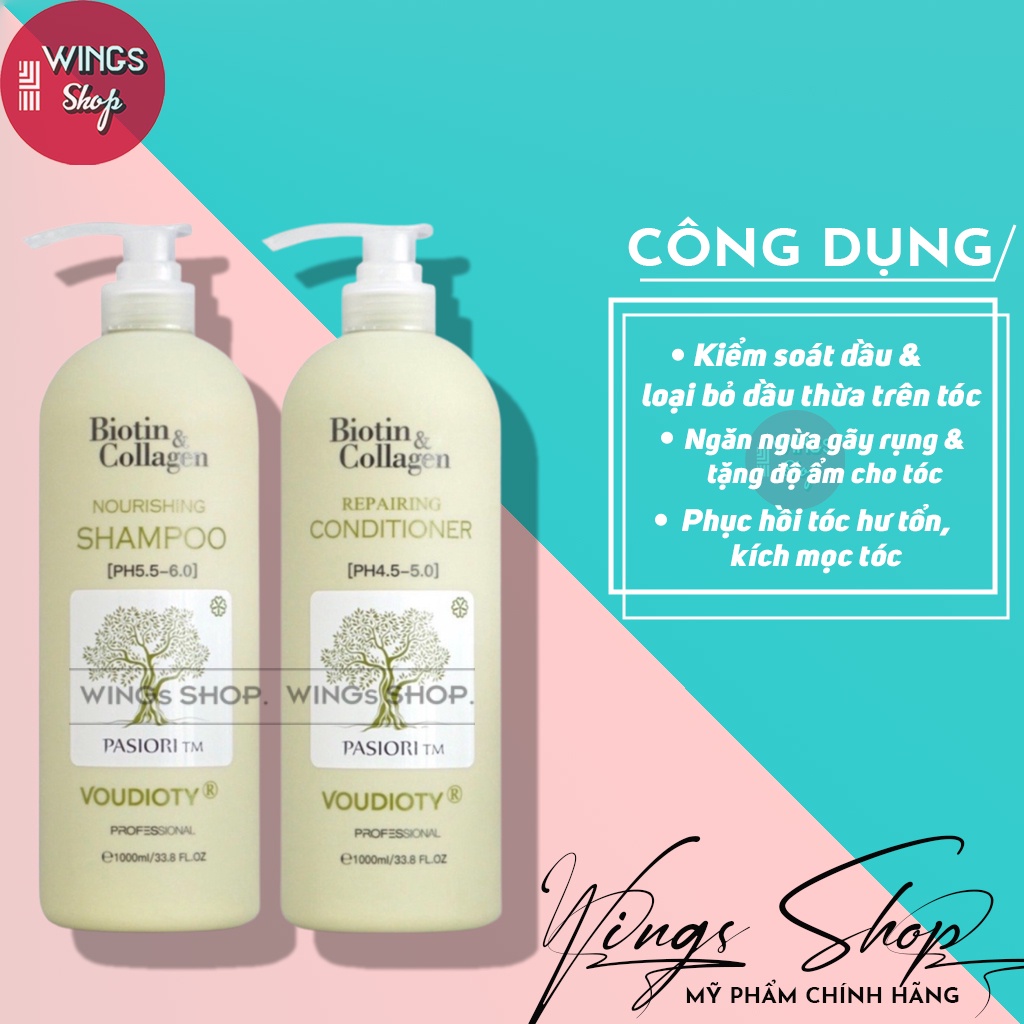 Combo Dầu Gội Xả Biotin Collagen Voudioty Xanh Lá giúp giảm rụng tóc, kiềm dầu 500ml-1000ml