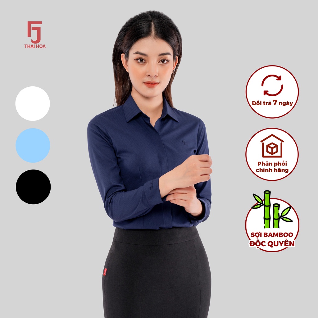 Áo sơ mi ASW0101-R07 dài tay nữ chất liệu sợi tre vải kẻ xéo phay cao cấp nhiều màu Thái Hòa