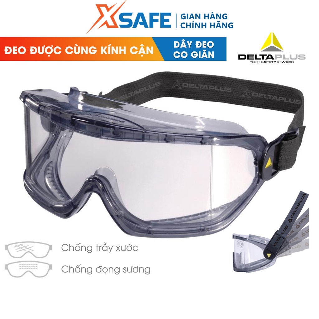 Kính bảo hộ chống hóa chất Deltaplus Galeras chống bụi, chống đọng sương, ôm theo dáng mặt, đeo được cùng kính cận