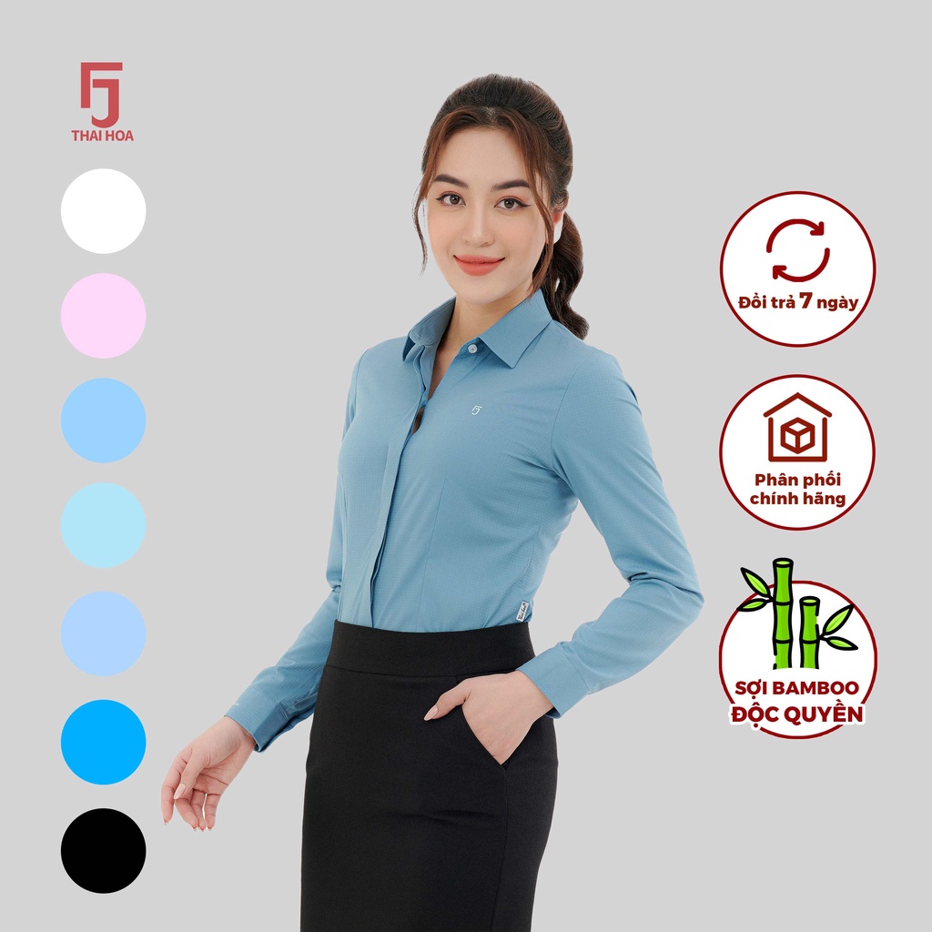 Áo sơ mi nữ dài tay R12 cổ đức form ôm vải sợi tre kẻ chìm nhiều màu Thái Hòa