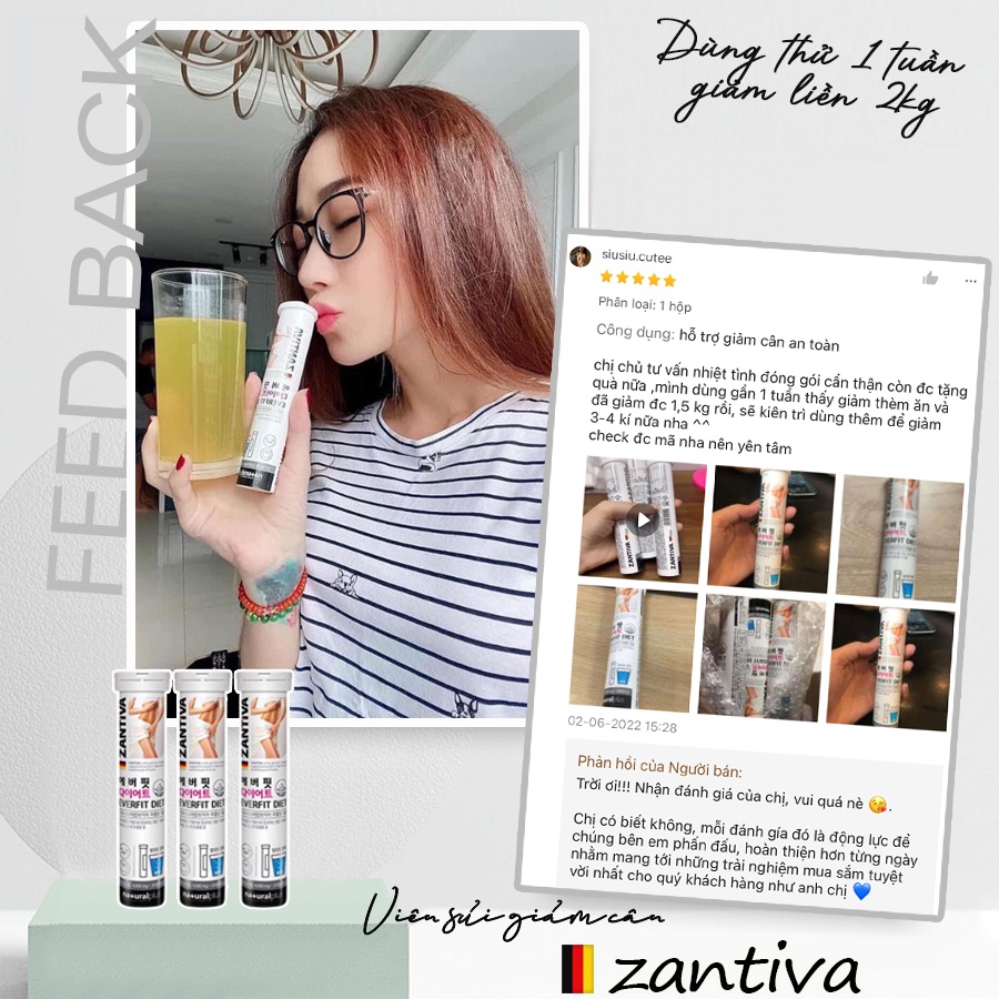 Viên sủi giảm cân Zantiva - Everfit Diet, Eo thon dáng đẹp giảm mỡ bụng, lọ 20 viên xuất xứ từ Đức