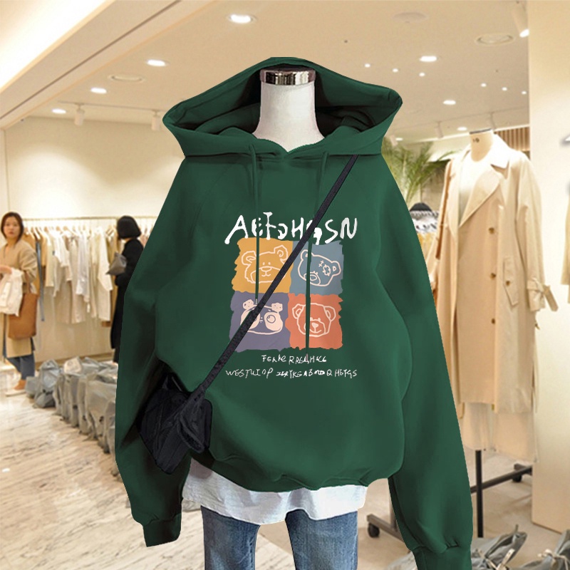 Áo Hoodie Nữ HappyFamily Xanh Rêu Hot Trend In Graphic Gấu Xinh Xắn AEFDHGSN Chất Nỉ Da Cá 100 Cao Cấp