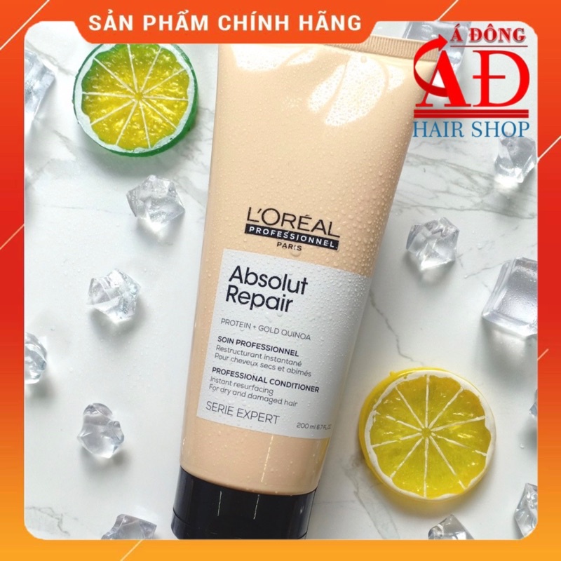 Dầu xả tóc phục hồi tóc hư tổn L'oreal Gold Quinoa + Protein Absolut Repair diêm mạch vàng 200ml