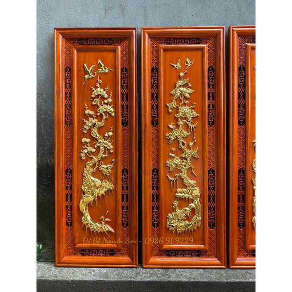 Bộ tranh tứ quý gỗ hương đỏ nam phi kích thước 37*107,dày 3cm hoàn thiện sơn pu dát vàng Đài Loan cao cấp
