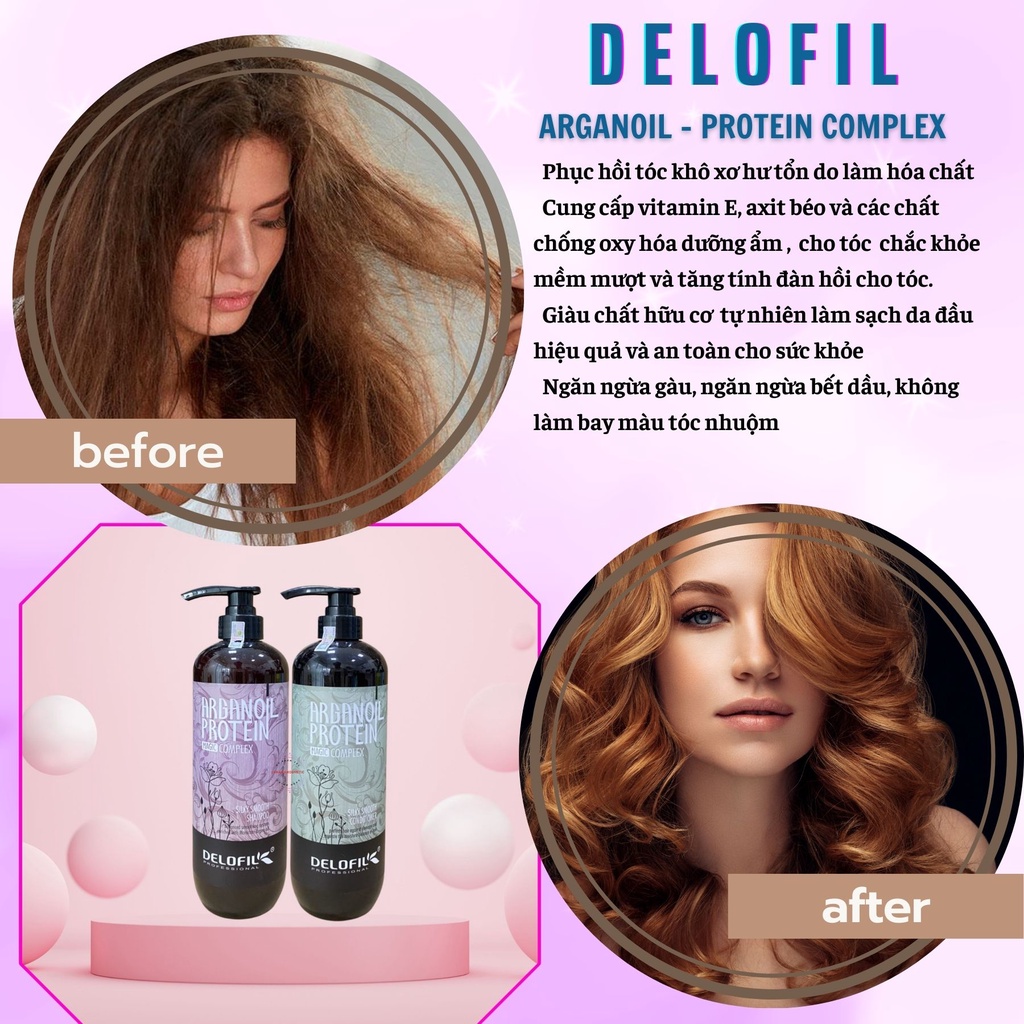 Cặp Dầu Gội Dầu Xả Delofil Arganoil Protein 500ml - 800ml Hỗ trợ giúp sạch gàu, giúp tóc mềm mượt