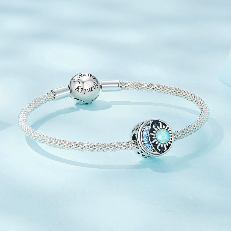 Mặt phụ kiện BAMOER bạc 925 hình mặt trời mặt trăng đính đá opal