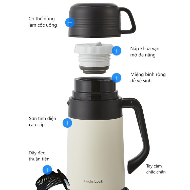 Bình giữ nhiệt LocknLock cỡ đại LHC1485 1,8L Màu Trắng Ngà , có quai xách, nắp làm cốc nước - K-MALL
