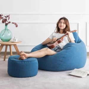 Combo Ghế Lười Hạt Xốp Kèm Đôn Vuông Đôn Tròn Vải Nhung Tăm Màu Xanh Dương M/L/XL - 3IIHOMEGLHXNTXD