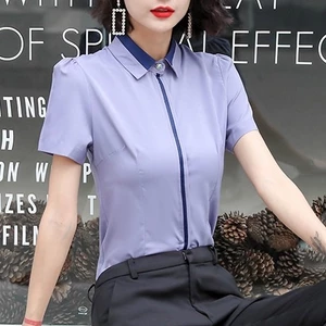 Áo Sơ Mi Tay Ngắn Màu Hồng / Xanh Dương Cỡ Lớn Thời Trang Công Sở Thanh Lịch Cho Nữ
